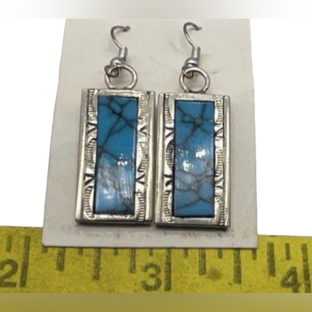 Native American crafted Turquoise and Silver Rectangular Earrings - Picture 3 of 4